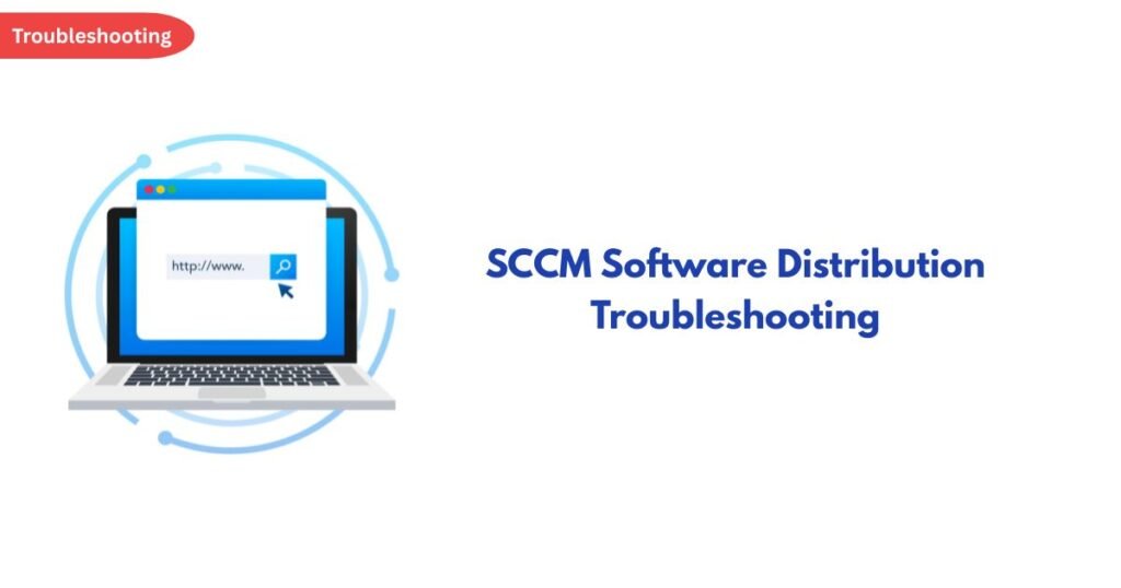 Troubleshooting banner: laptop illustration with a search bar and the title 'SCCM Software Distribution Troubleshooting'.