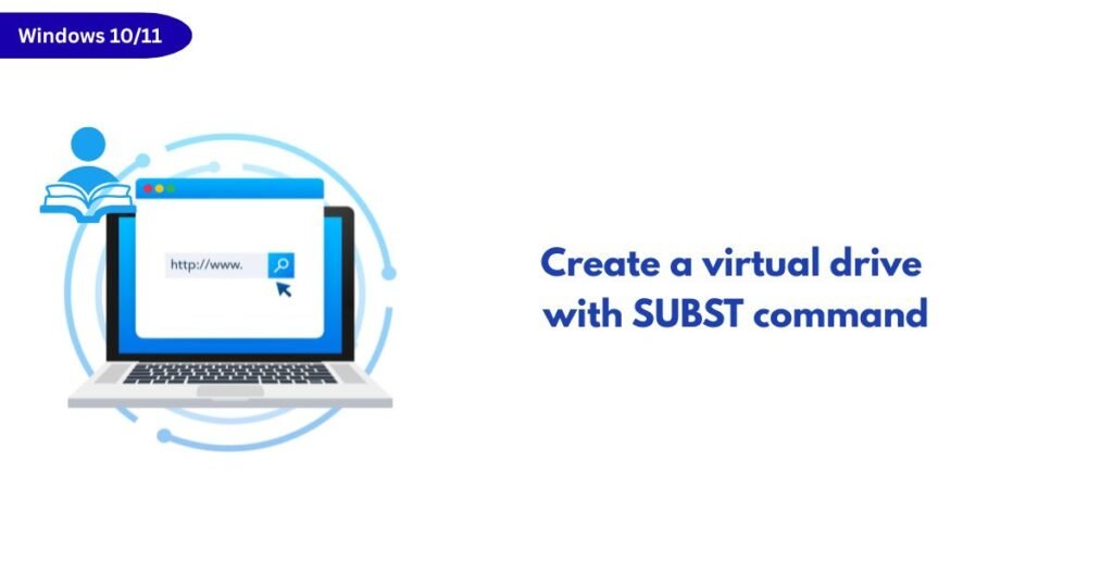 Illustration of a laptop with a browser window and circular tech accents, plus a Windows 10/11 badge; title: Create a virtual drive with SUBST command.