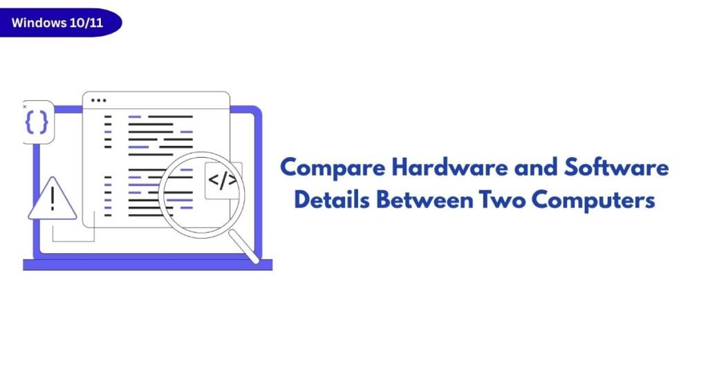 Laptop with code on screen and a magnifying glass, next to a Windows 10/11 badge, accompanying the headline 'Compare Hardware and Software Details Between Two Computers'.