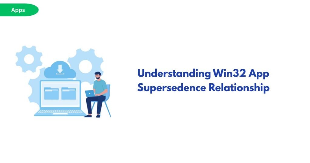 Hero banner: Title slide reading 'Understanding Win32 App Supersedence Relationship' with a person at a laptop beside gear and cloud icons, and an 'Apps' badge in the corner.