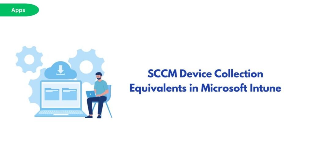 Illustration of a person at a laptop with gears and a cloud, titled 'SCCM Device Collection Equivalents in Microsoft Intune' (Apps banner shown)