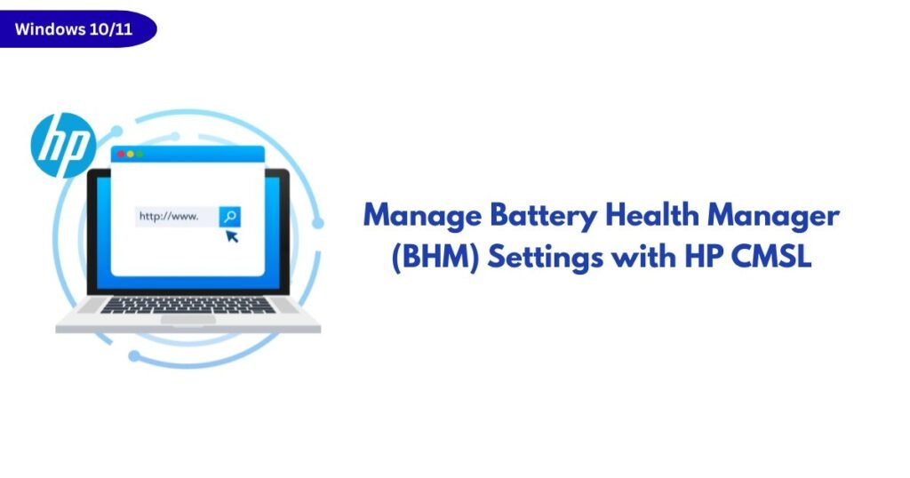 HP laptop illustration with a browser window and the heading about BHM settings with HP CMSL