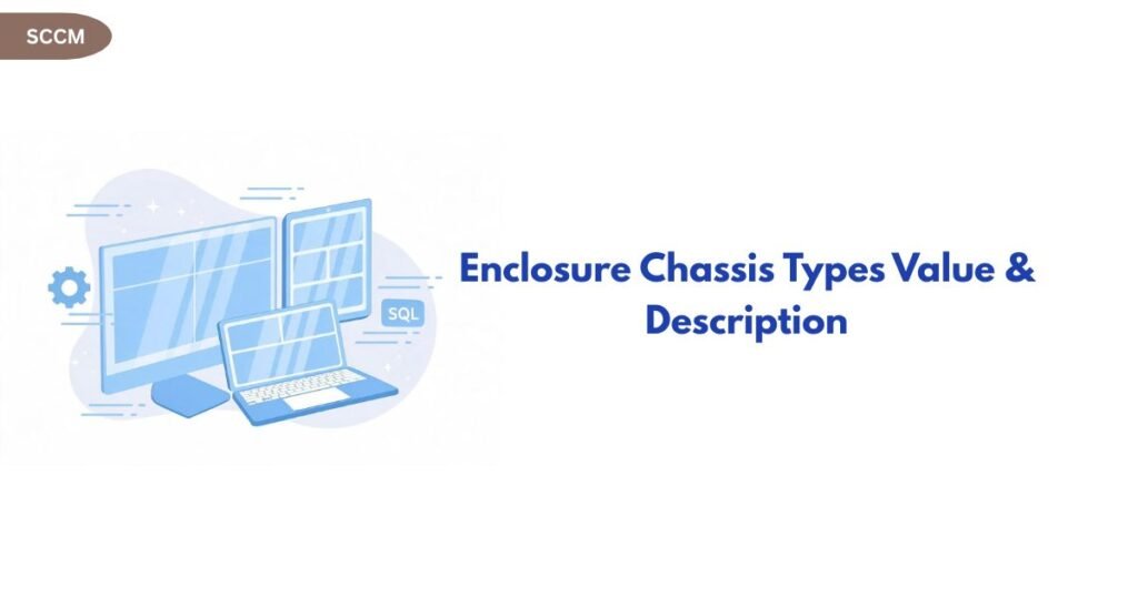 Blue illustration of multiple computer screens and a laptop with the title 'Enclosure Chassis Types Value & Description' on the right, SCCM badge in top-left (informational banner).