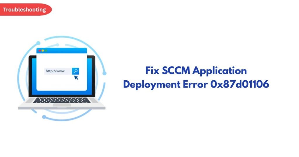Troubleshooting banner with a laptop illustration and the headline 'Fix SCCM Application Deployment Error 0x87d0106'
