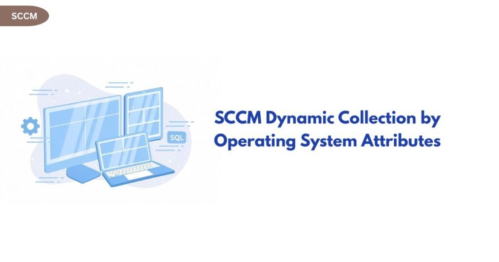 Illustration of blue computer screens and a laptop with a SQL badge, beside the title 'SCCM Dynamic Collection by Operating System Attributes'.