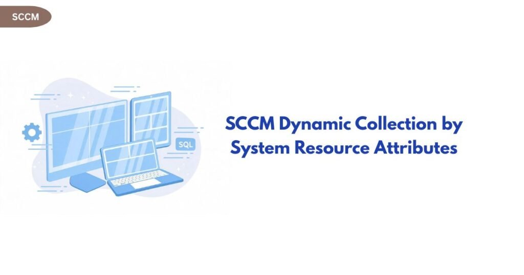 Illustration of blue computer monitors and a laptop with a SQL badge, next to the title 'SCCM Dynamic Collection by System Resource Attributes'.