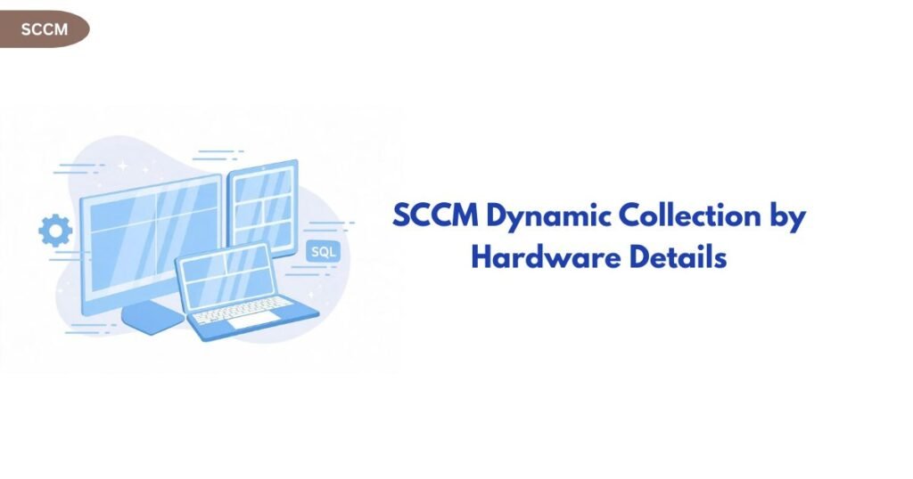 Blue illustration of a monitor, laptop, and tablet with the title 'SCCM Dynamic Collection by Hardware Details' on a white background (SCCM badge in top-left).