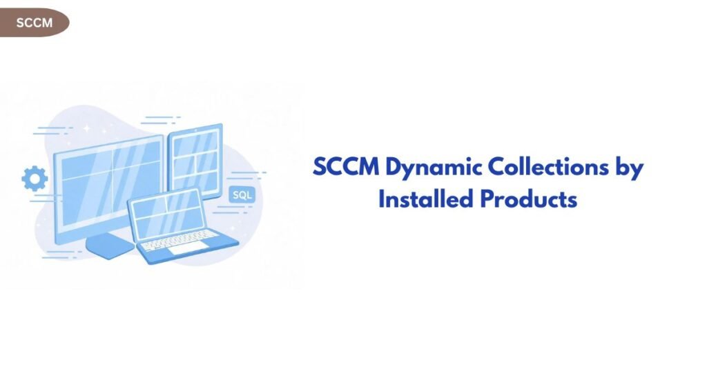 Blue illustration of multiple monitors and a laptop representing IT infrastructure, beside the heading 'SCCM Dynamic Collections by Installed Products' with a brown SCCM badge in the top-left.