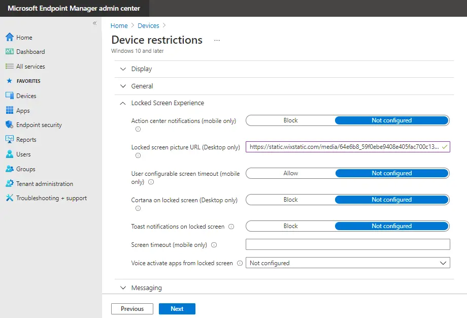 Intune Device Configuration Profiles | Desktop Wallpaper Locked screen experience