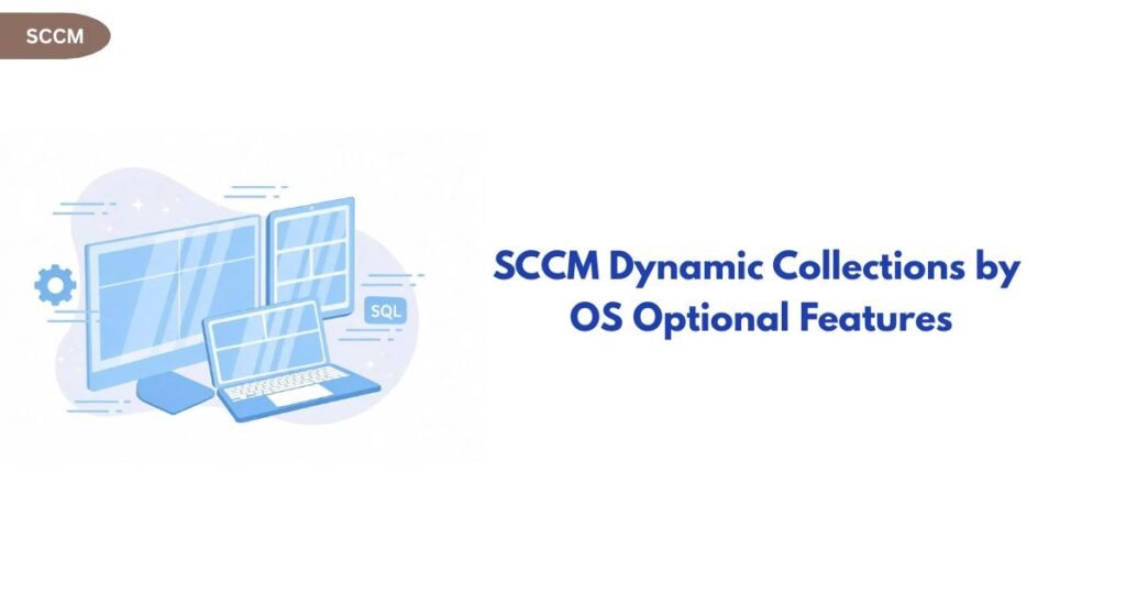 Blue illustration of multiple computer screens on the left and the heading “SCCM Dynamic Collections by OS Optional Features” in blue on the right.