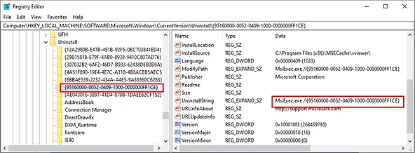 Windows registry product MSI GUID