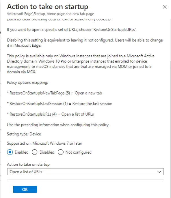 Edge startup page | Intune | Device configuration profiles