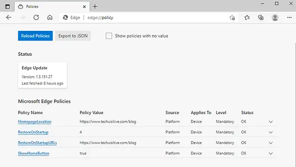 Intune | Device configuration Profile | Edge settings validation from browser