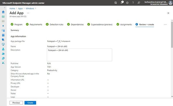 Endpoint Manager - Intune - Win32 App - Review + create