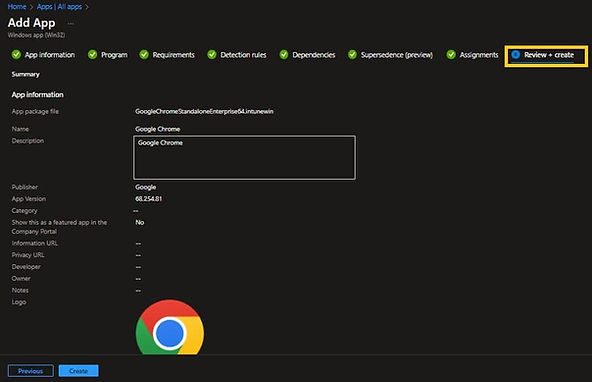 Intune Win32 App | Review + create