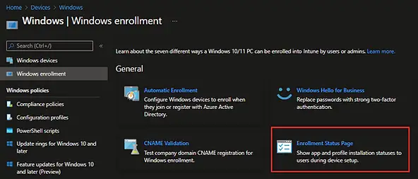 Intune autopilot Enrollment Status Page