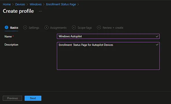 Intune Create Profile | enrollment status page autopilot