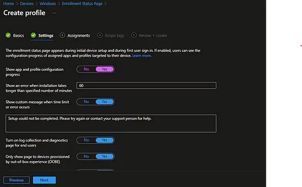 Intune Enrollment Status Page - Settings