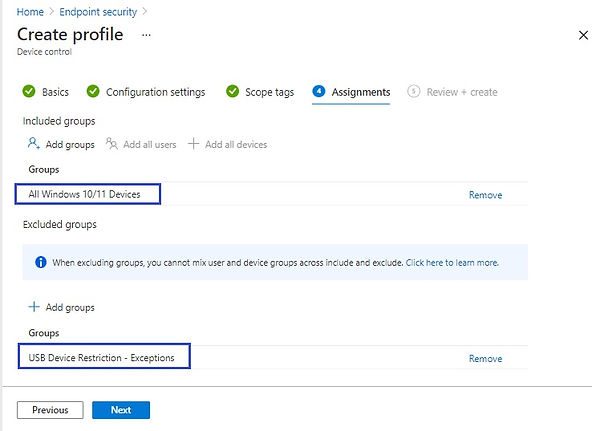 Endpoint security | Device control profile | USB restriction