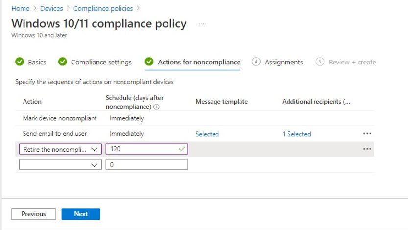 Configure actions for noncompliant devices in Intune