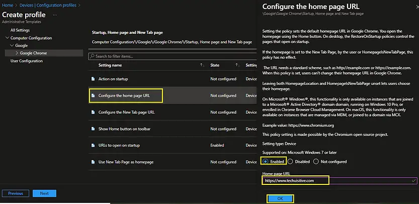 Intune | Device configuration profile | Chrome home page