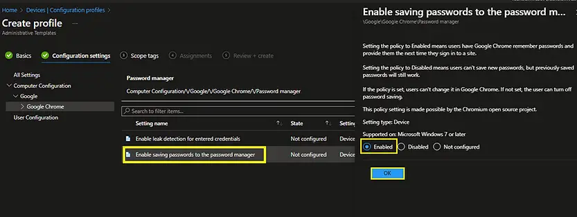 Intune | Device configuration profile | Chrome Enable password saving