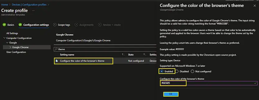 Intune | Device configuration profile | Chrome theme color