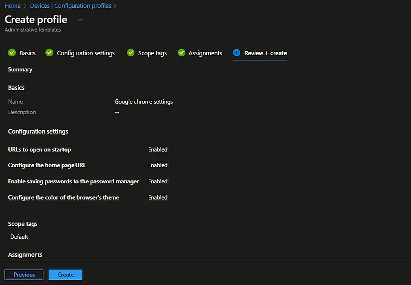 Intune | Device configuration profile | Review + create