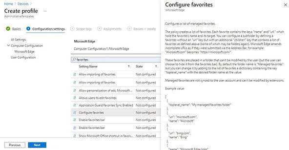 Endpoint Manager | Device Configuration | Edge favorites | Configure