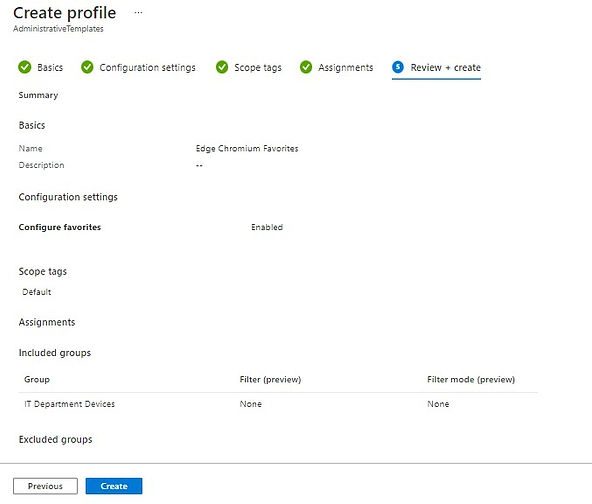 Endpoint Manager | Device Configuration | Edge favorites | Review & create