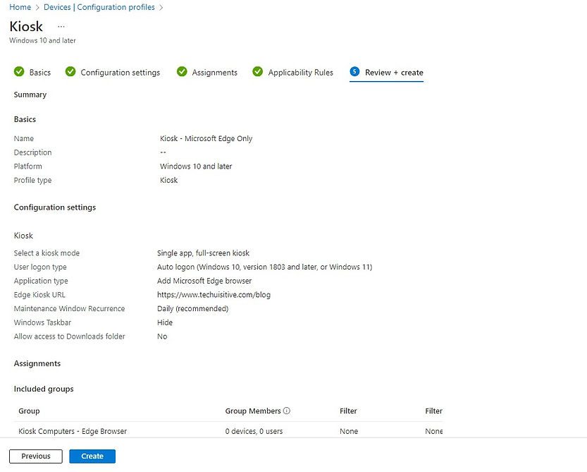 Intune Device Configuration Prifles | Review + Create