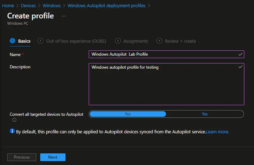 Intune - Windows Autopilot Deployment Profile