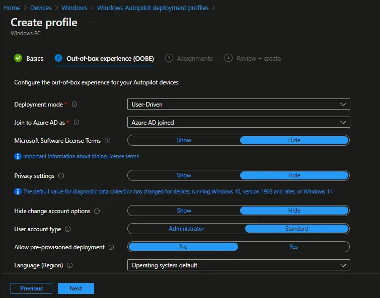 Intune - Windows Auto pilot Deployment Profile - OOBE