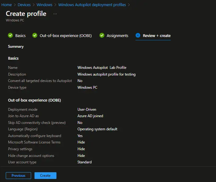 Intune - Windows Autopilot Deployment Profile - Create + review