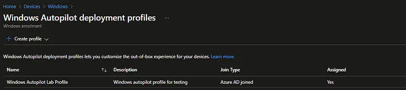 Intune - Microsoft Auto pilot Profile list
