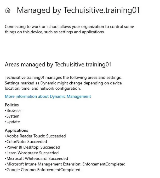 MDM - work or school - Intune policy status