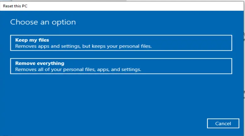 Windows 10 reset - Choose Options