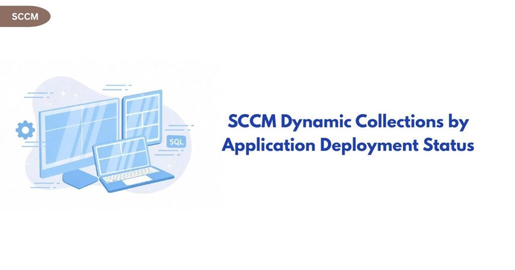 Blue illustration of multiple computer screens and a laptop beside the heading 'SCCM Dynamic Collections by Application Deployment Status'. The top-left badge reads 'SCCM'.