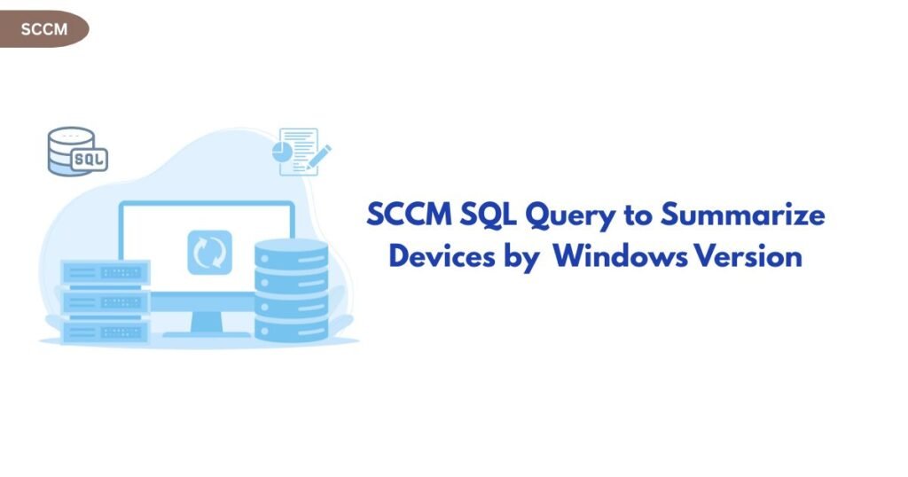 Illustration of IT equipment with SQL/database icons and a blue computer, showing the title 'SCCM SQL Query to Summarize Devices by Windows Version'.