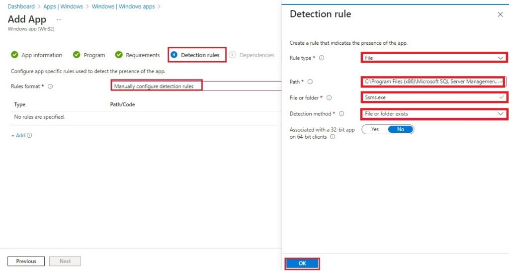 Intune install SQL server management studio | win32 Detection rule