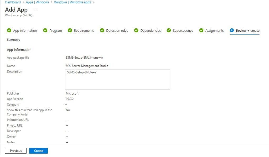 Intune | Win32 App | Review + Create