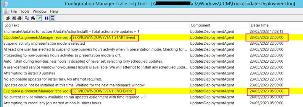 SCCM UpdateDeployment.log | Software Center Business Hours