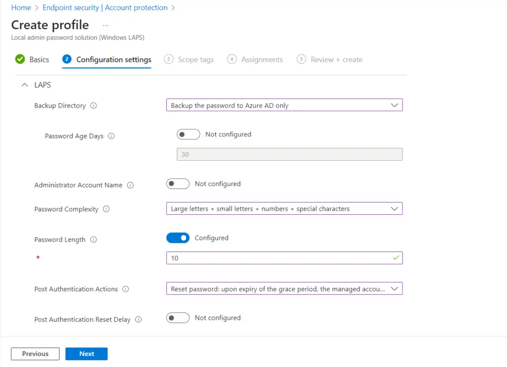 Intune - LAPS policy configurations