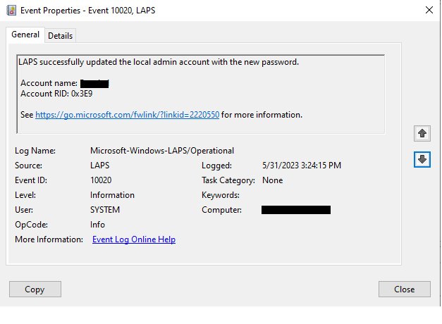 Event Log: Local admin password updated