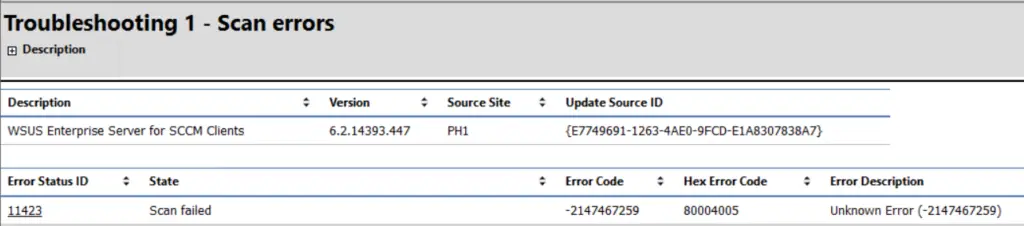 SCCM Report | Troubleshooting 1 - Scan errors | 0x80004005
