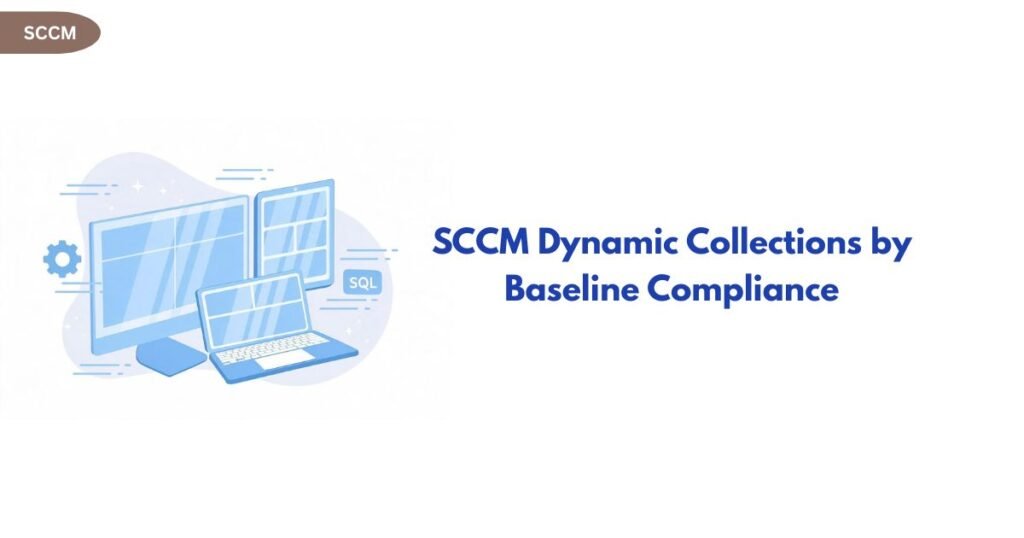 Illustration of multiple blue computer screens and a laptop with a blue circular background; title reads 'SCCM Dynamic Collections by Baseline Compliance' in bold blue text. SCCM badge sits in the top-left corner.