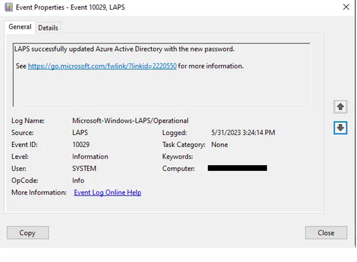 Event viewer log : LAPS successfully updated Azure Active Directory with the new password.