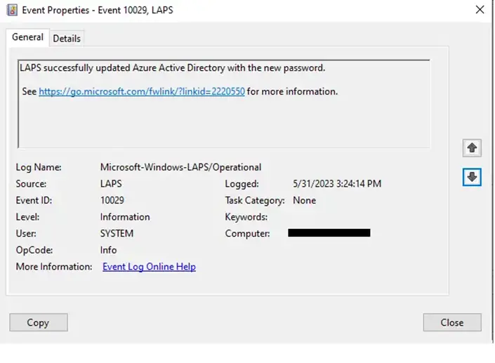 Event viewer log : LAPS successfully updated Azure Active Directory with the new password.