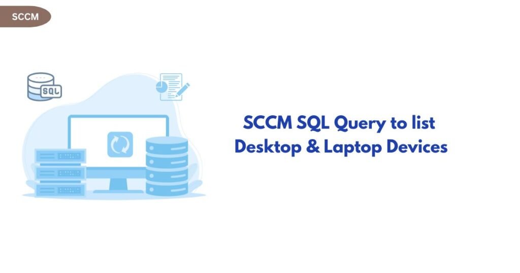 SCCM SQL Query to list Desktop & Laptop Devices banner with a computer and database icons on the left.