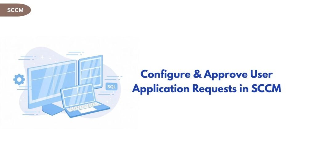 Banner illustration with blue computer monitors and a laptop on the left and the headline 'Configure & Approve User Application Requests in SCCM' on the right.
